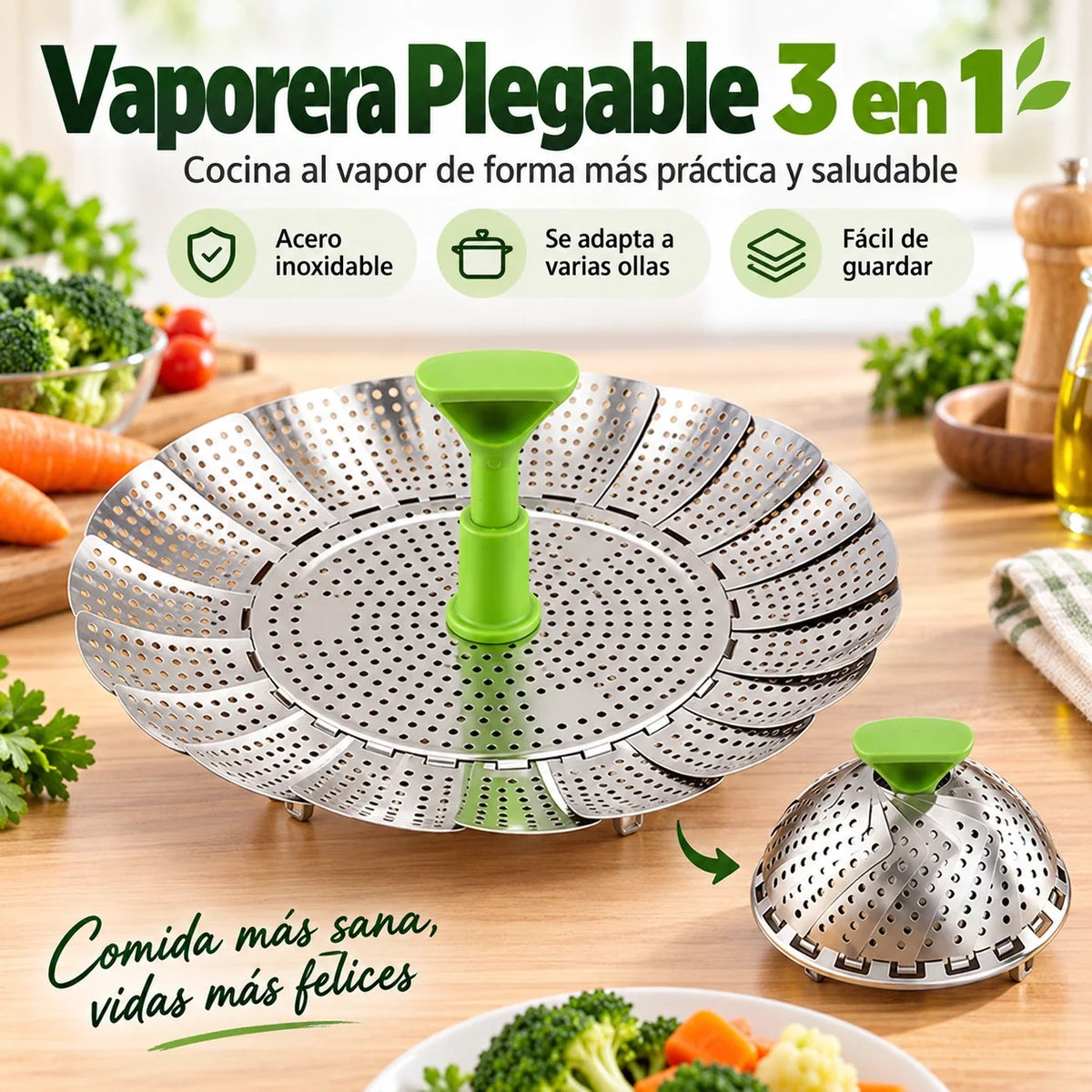 Vaporera Plegable 3 en 1 para Cocinar Más Saludable 🥦