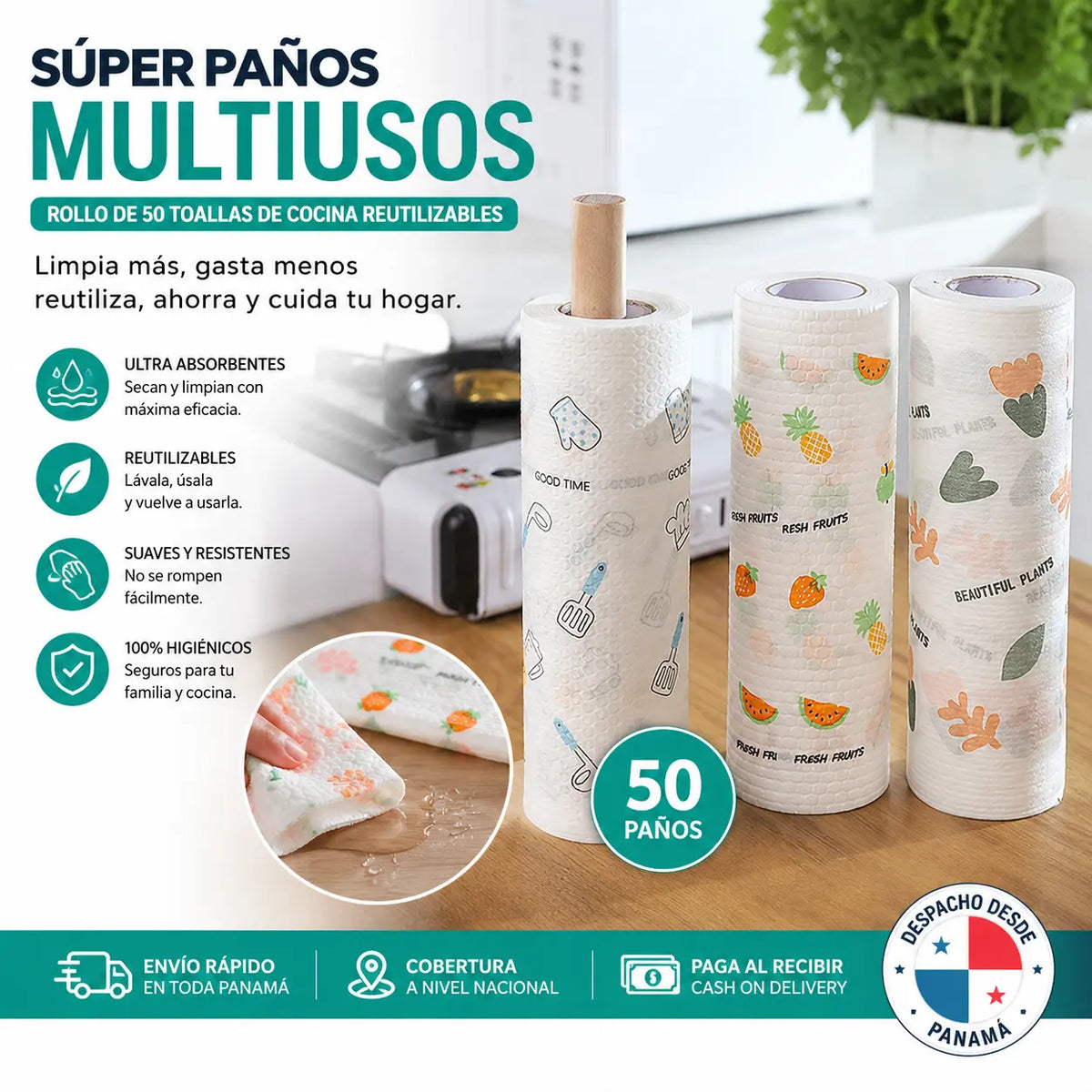 Súper Paños Multiusos Lavables: Rollo de 50 Toallas de Cocina Reutilizables