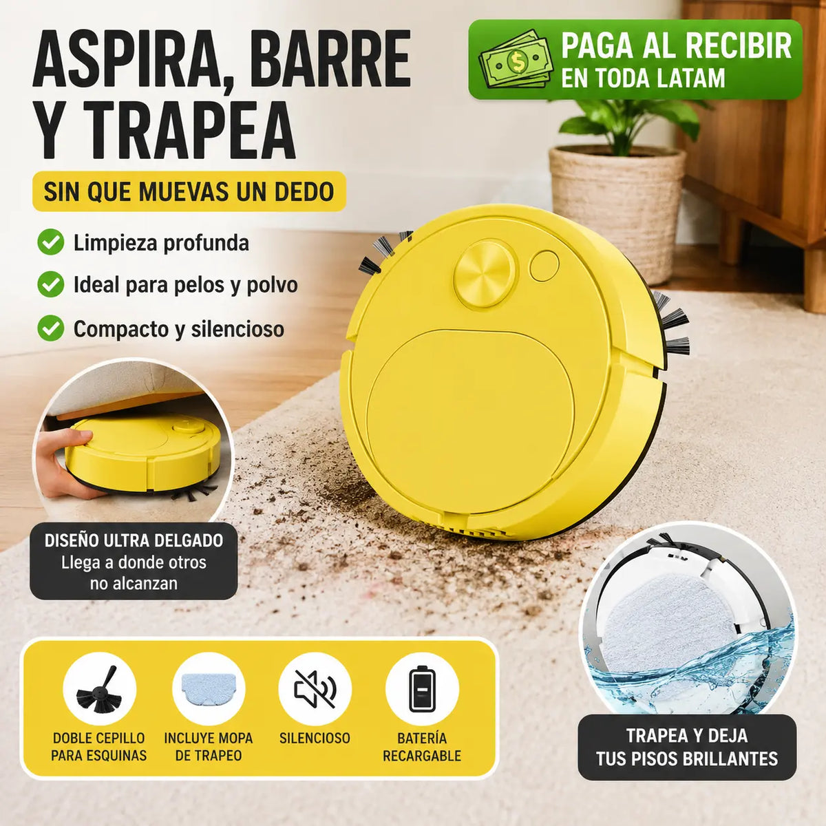 Robot Aspirador Inteligente 3 en 1 – Aspira, Barre y Trapea