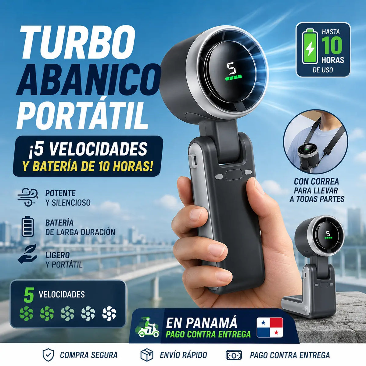 Turbo Abanico Portátil: ¡5 Velocidades y Batería de 10 Horas! 🌬️🔋