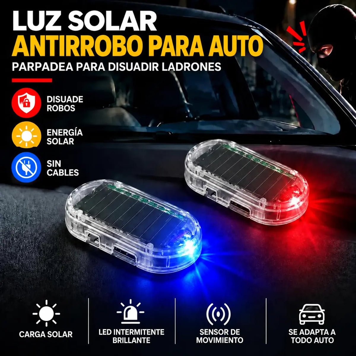 Luz Solar Antirrobo para Auto – Alarma Simulada LED Intermitente con Sensor de Luz, Sin Cables y Fácil Instalación