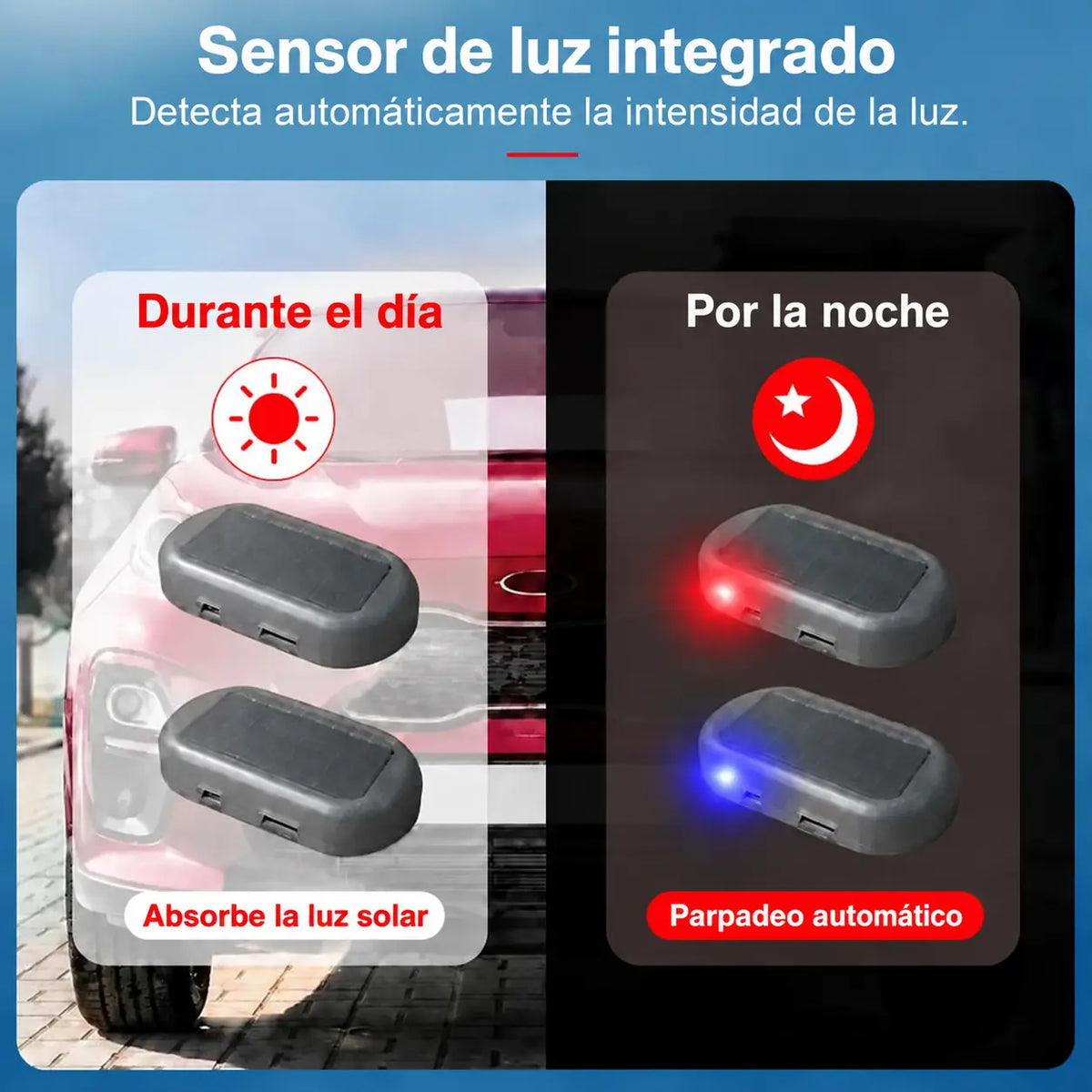 Luz Solar Antirrobo para Auto – Alarma Simulada LED Intermitente con Sensor de Luz, Sin Cables y Fácil Instalación