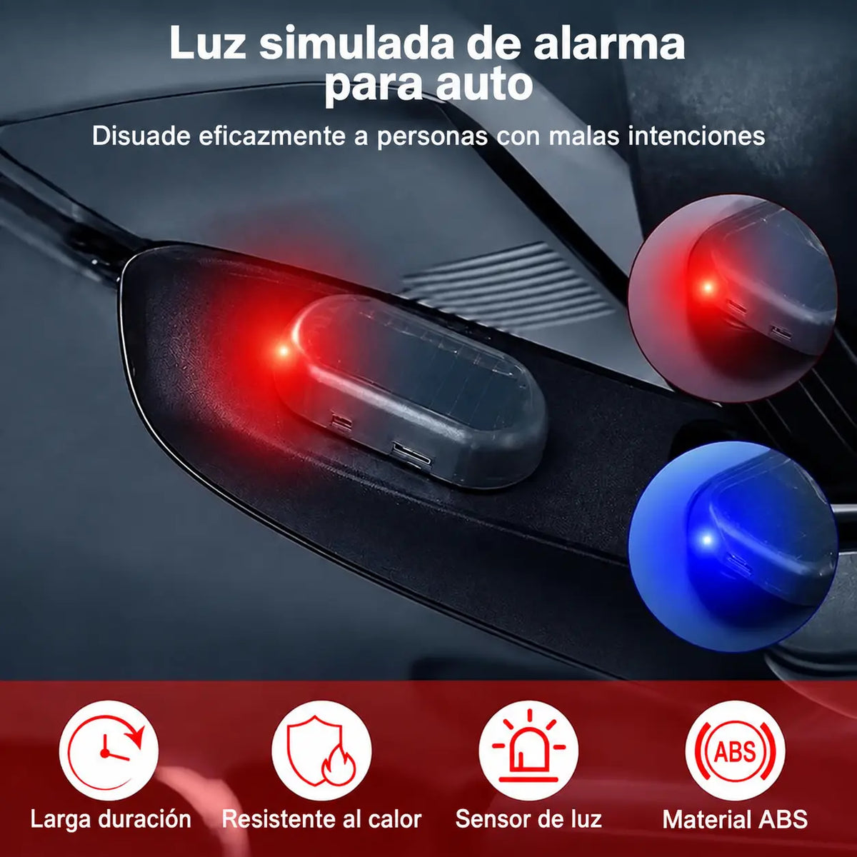 Luz Solar Antirrobo para Auto – Alarma Simulada LED Intermitente con Sensor de Luz, Sin Cables y Fácil Instalación